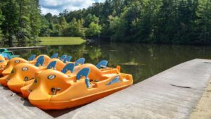 Big Canoe Paddle Boats on Lake at Dock