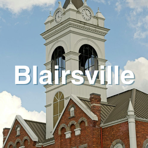 Blairsville Georgia with white text Blairsville