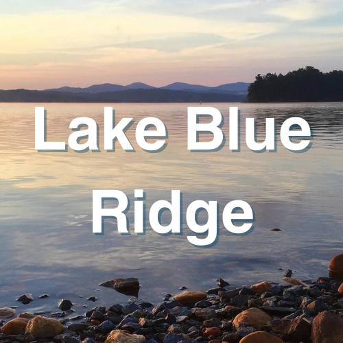 Lake Blue Ridge Georgia with white text Lake Blue Ridge